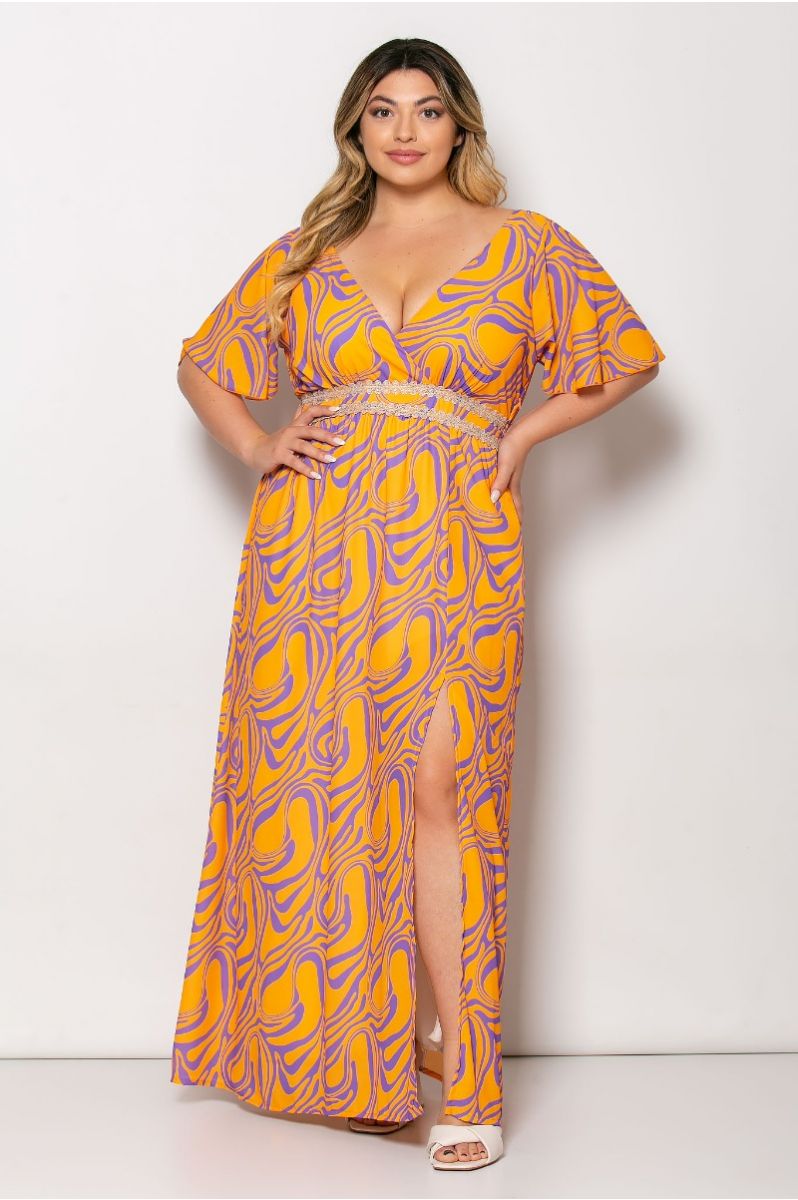 Φόρεμα Maxi Ζορζέτα Με Τρέσα Στην Μέση Εμπριμέ Πορτοκαλί Μωβ