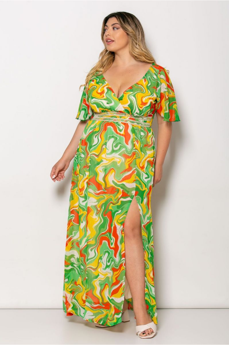 Φόρεμα Maxi Ζορζέτα Με Τρέσα Στην Μέση Εμπριμέ Πράσινο Κίτρινο