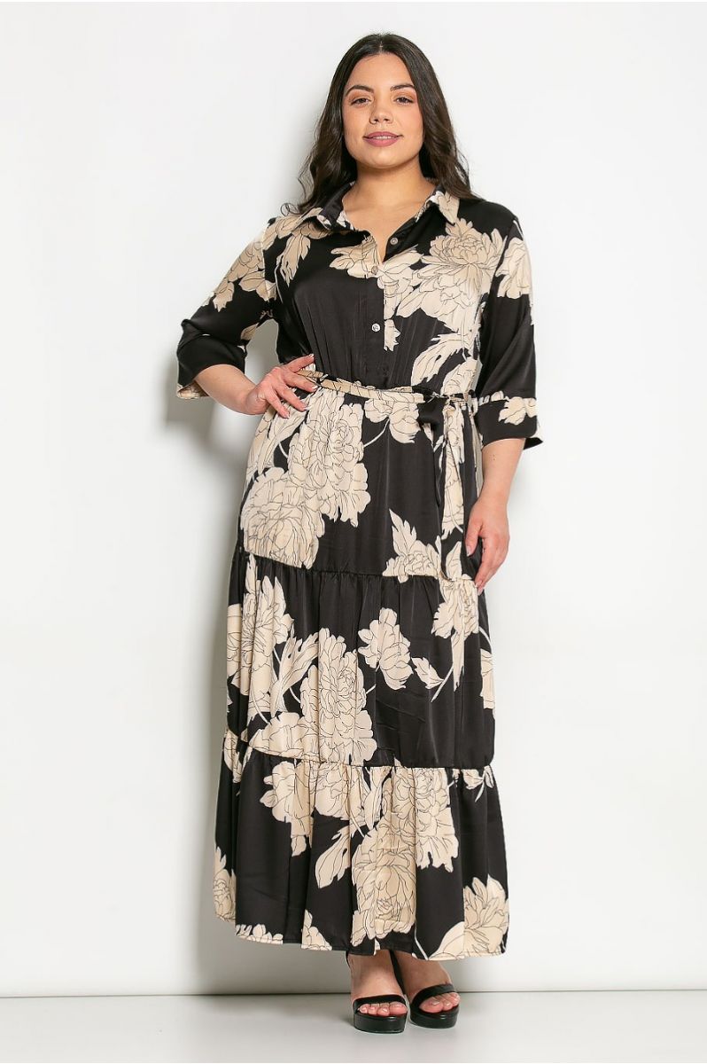 Φόρεμα Maxi Σατέν Shirt Dress Με Ζώνη Εμπριμέ Μαύρο Μπεζ