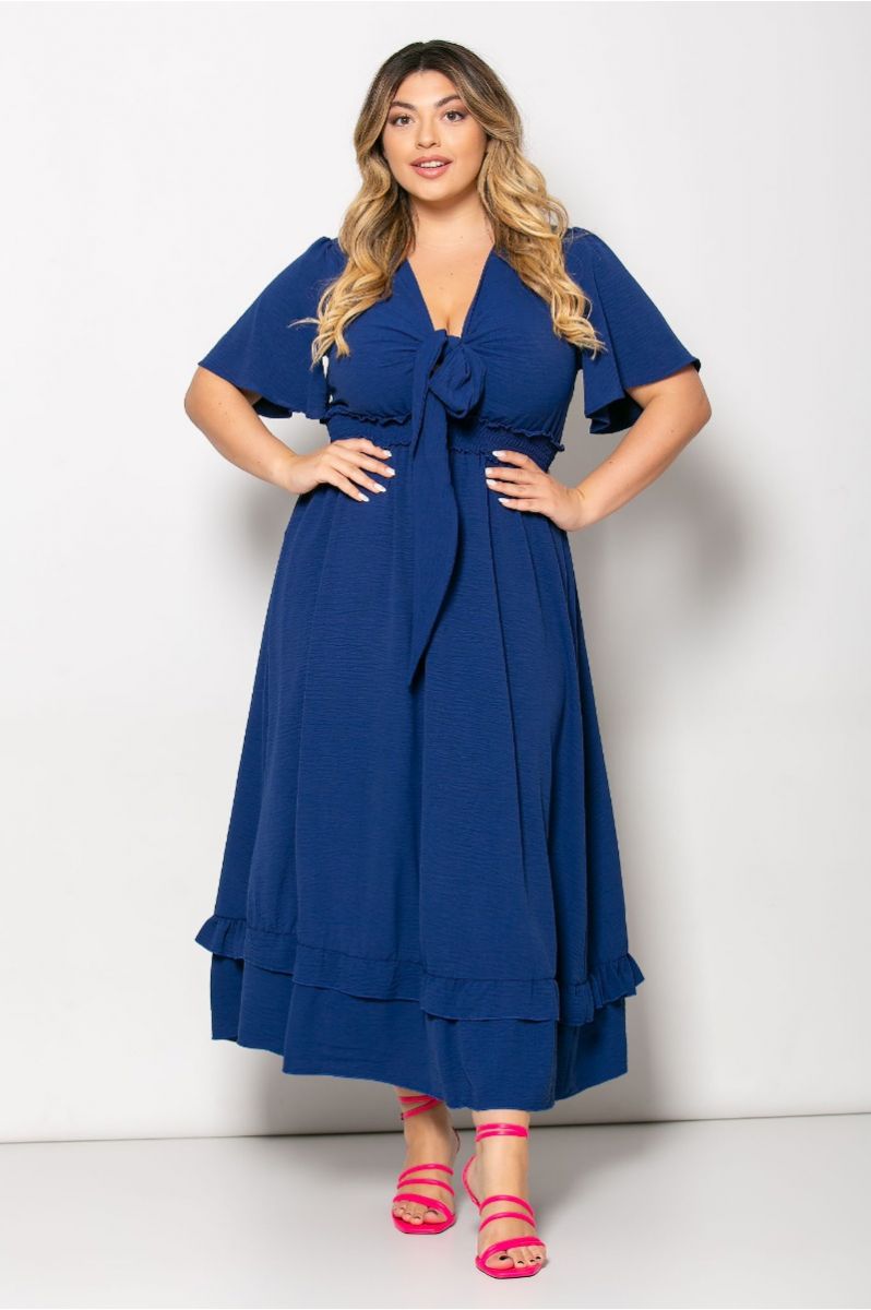 Φόρεμα Maxi Μονόχρωμο Με Δέσιμο Στο Στήθος Και Βολάν Στο Τελείωμα Μπλε