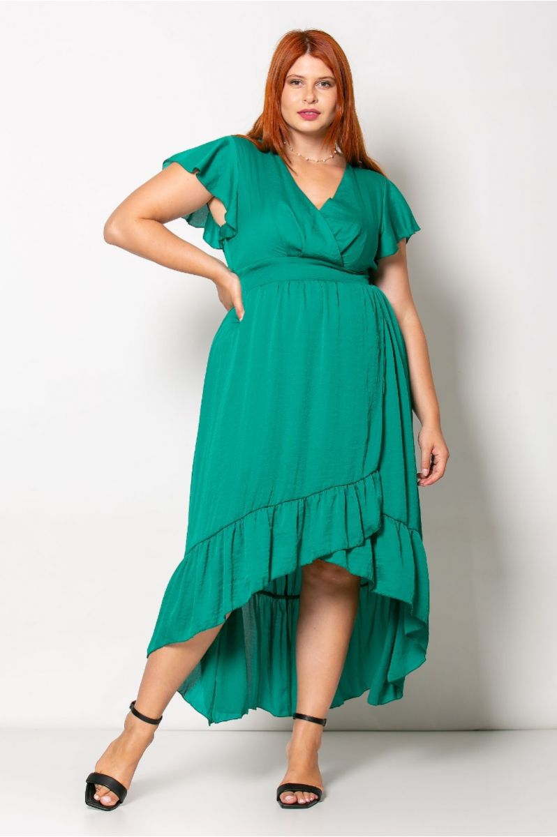 Φόρεμα Ασύμμετρο Σατέν Ζορζέτα Κρουαζέ Με Βολάν Πράσινο