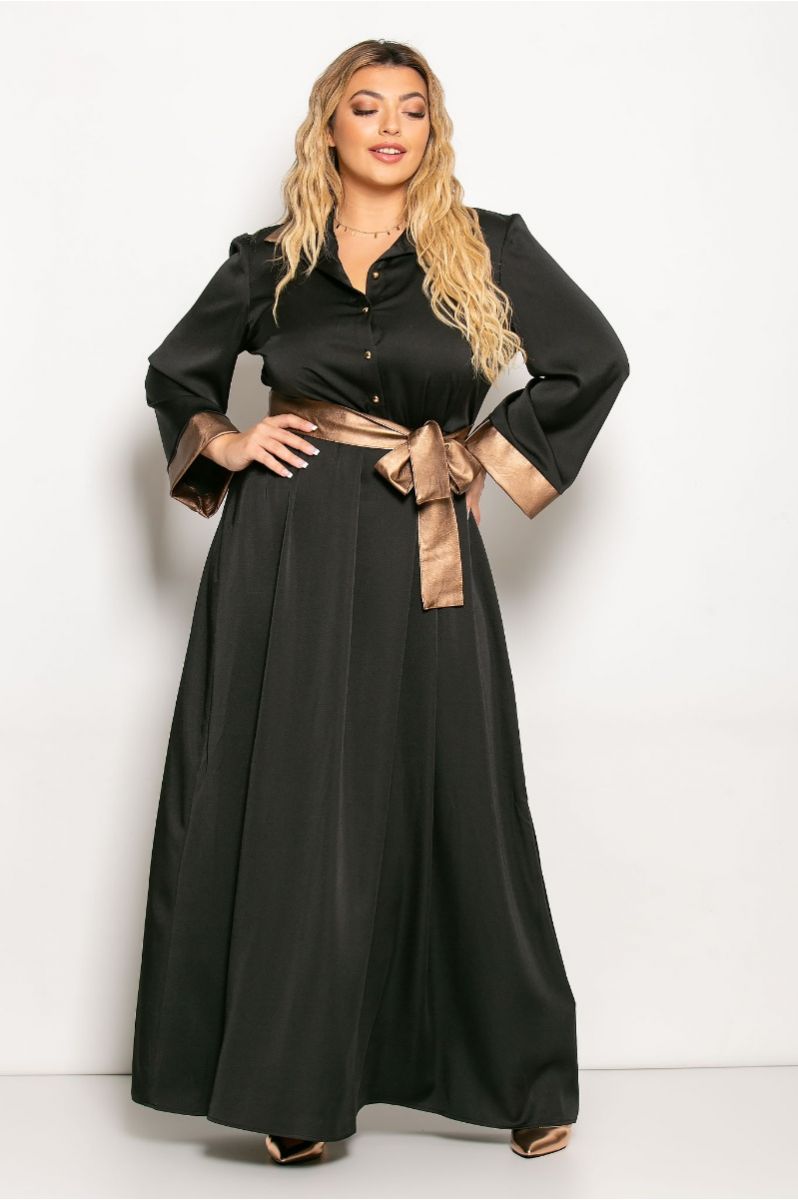 Φόρεμα Maxi Μονόχρωμο Με Λεπτομέρεια Δερματίνη Και Κουμπιά Μαύρο Bronze
