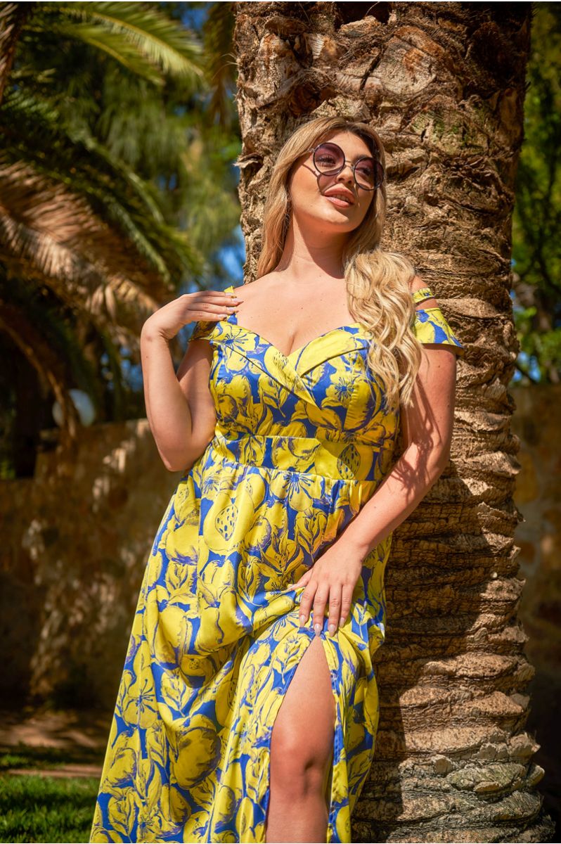 Φόρεμα Εμπριμέ Maxi Σατέν Με Άνοιγμα Στο Πλάι Κρουαζέ Και Έξω Ώμους Κίτρινο Μπλε