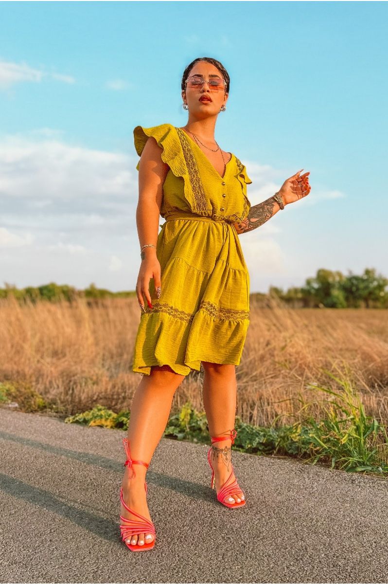 Φόρεμα Boho Midi Με Χρυσό Τύπωμα Βολάν Και Ασορτί Ζώνη Lime